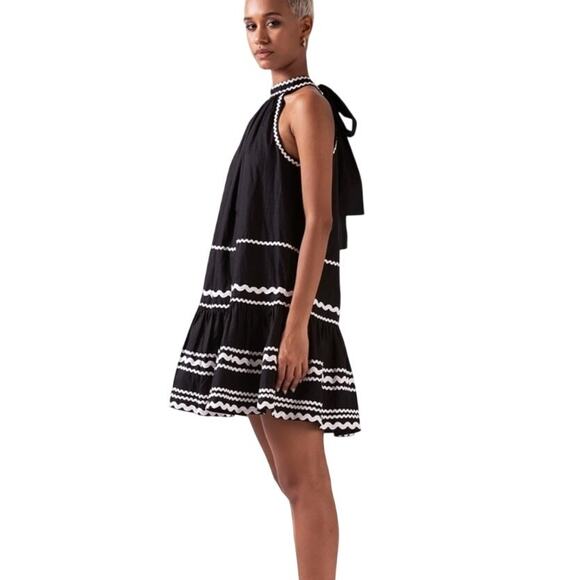 CELINA MOON Nawari Ric Rac Mini Dress Sz S Black Tiered Ruffle Halter Tuckernuck - Picture 2 of 15